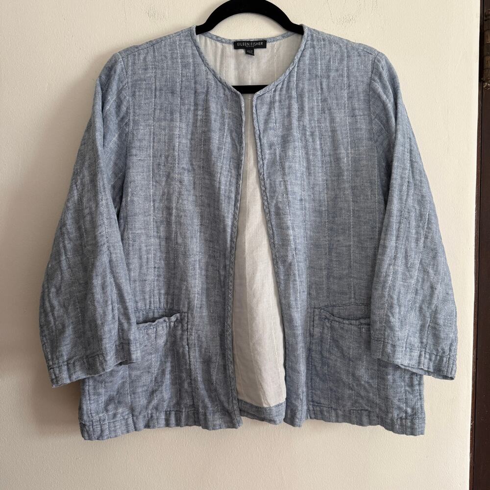 EILEEN FISHER Blue Melange Linen Cotton Open Front Overshirt Large Petite